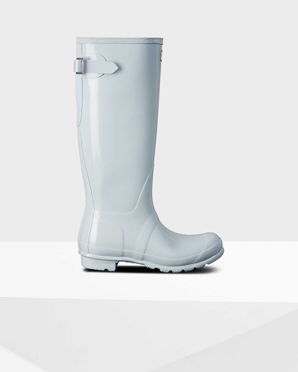 Womens Hunter Original Tall Back Adjustable Gloss Rain Boots Grey/Blue | KVOAFY-910